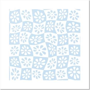 Light Blue Wavy Floral Checkers Posters and Art